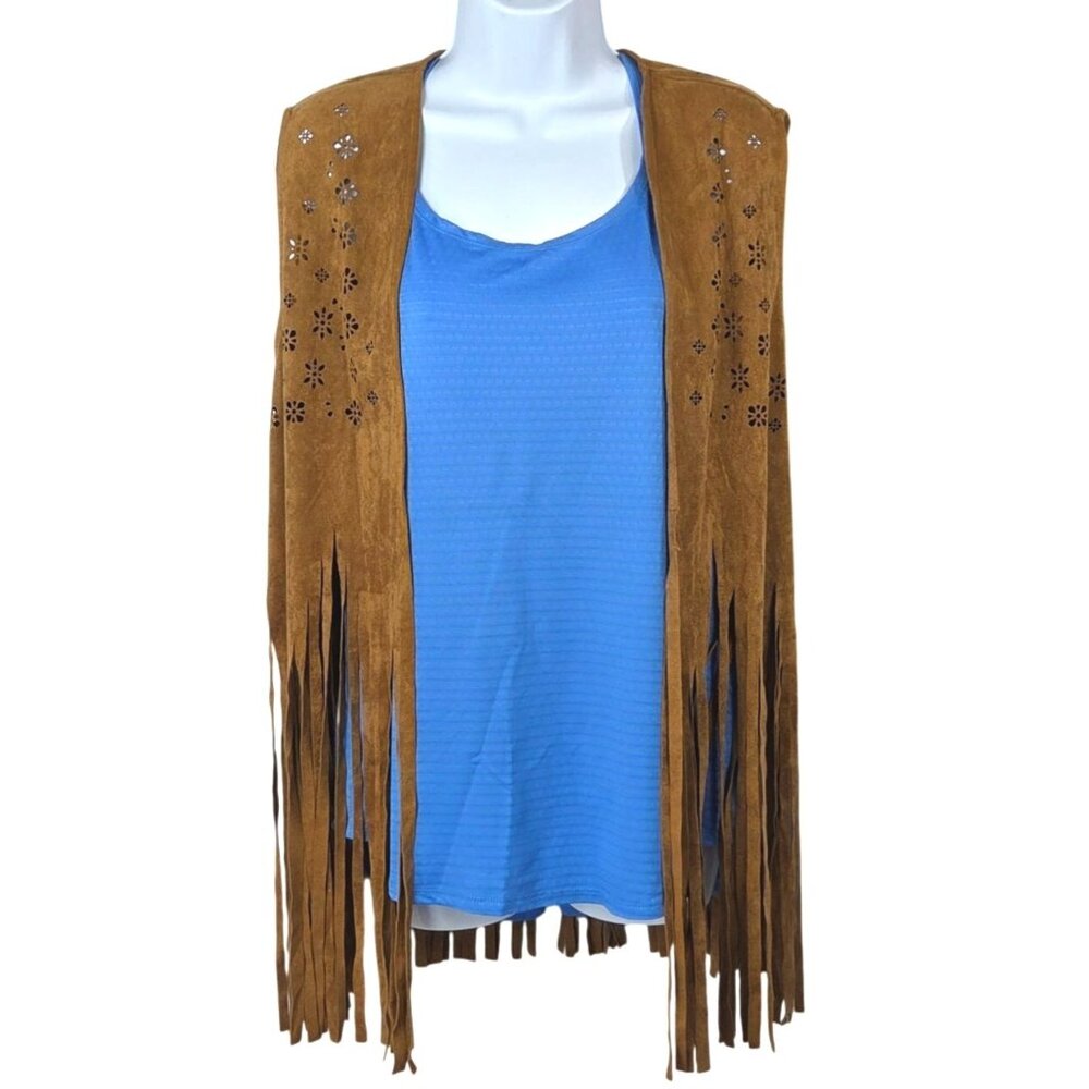 Sleeveless Suede Fringe Boho Vest  Flower Cutout Design  Belle Tweed  XL Brown